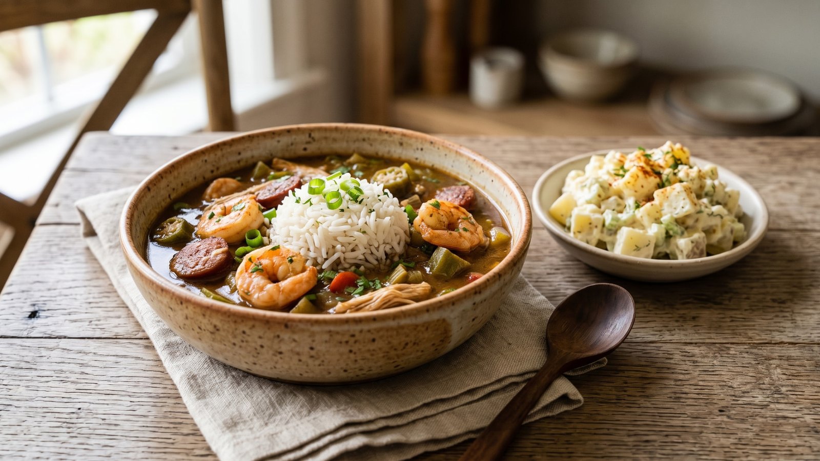 Gumbo in a ceramic bowl with sausage, seafood and okra, served with a small bowl of Southern-style potato salad.