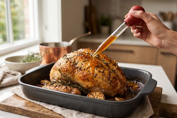 Roasted turkey breast being basted with pan juices using a turkey bulb baster.