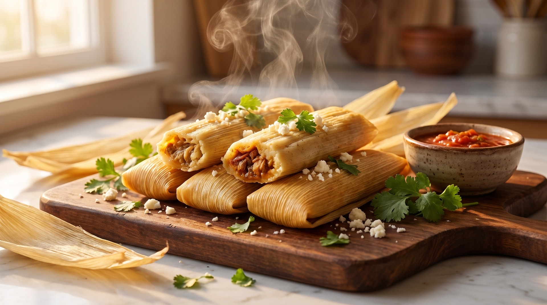 Freshly steamed tamales in corn husks arranged on a wooden surface with a steamer pot in the background