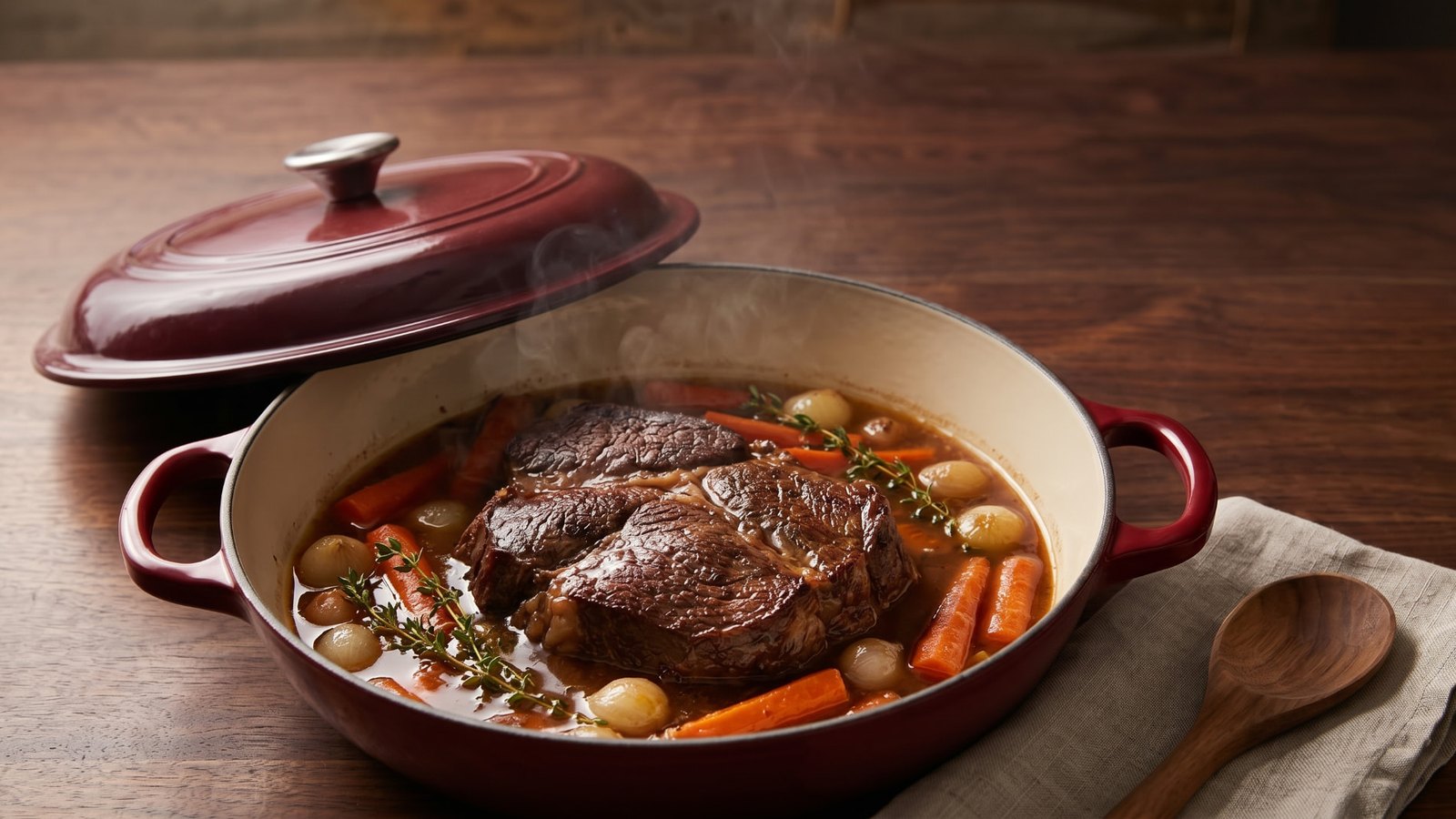 Overhead view of beef chuck roast braising in a red Dutch oven with carrots, pearl onions, and thyme in a glossy braising liquid
