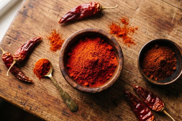 Small wooden bowl of vibrant red ground paprika with whole dried red pepper pods and a brass spice spoon on a rustic wood table