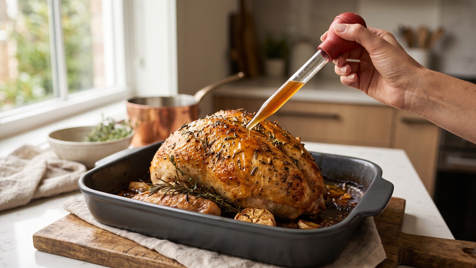 Roasted turkey breast being basted with pan juices using a turkey bulb baster.