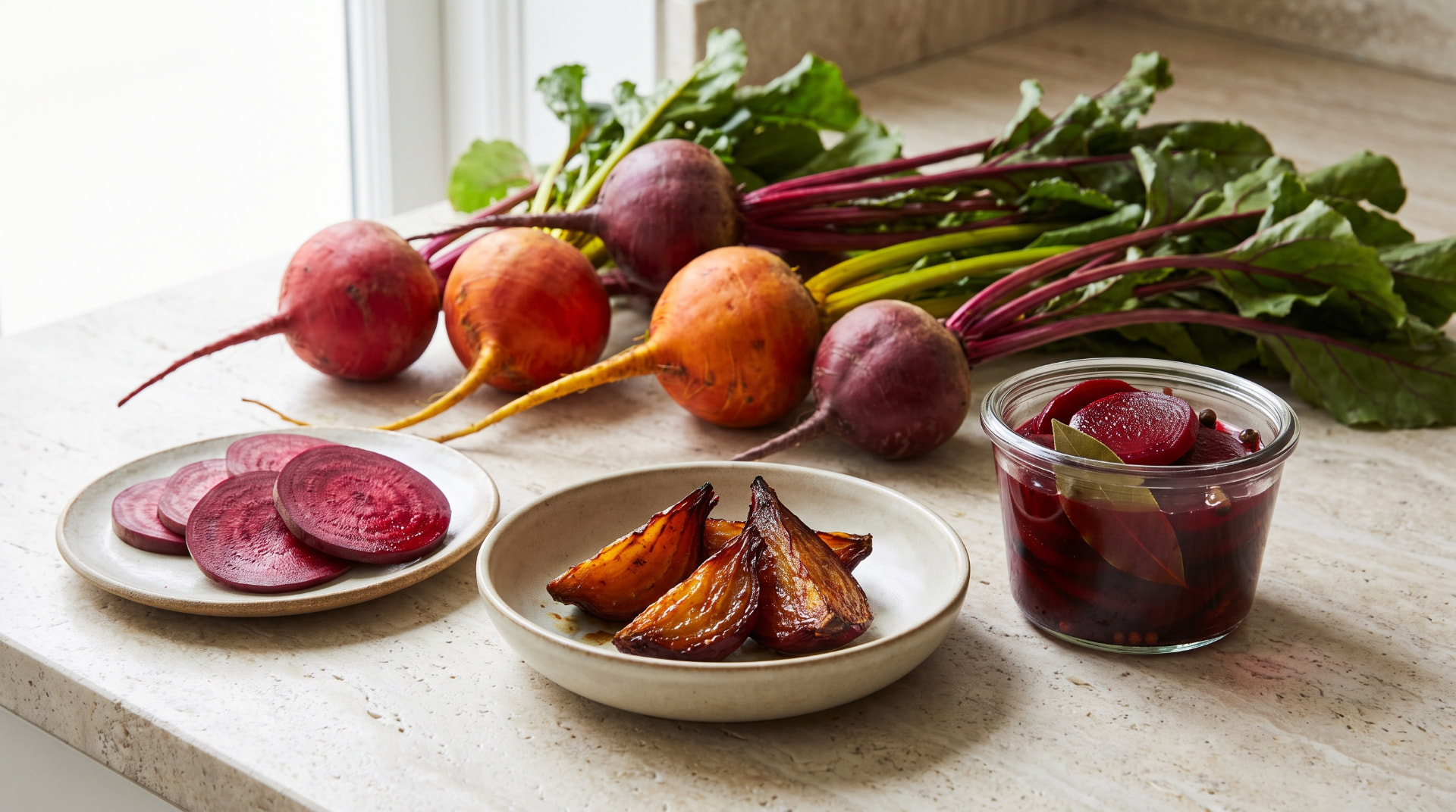 Fresh red and golden beets with leafy greens, alongside sliced raw beets, roasted beet wedges, and pickled beets in a glass jar on a kitchen counter.