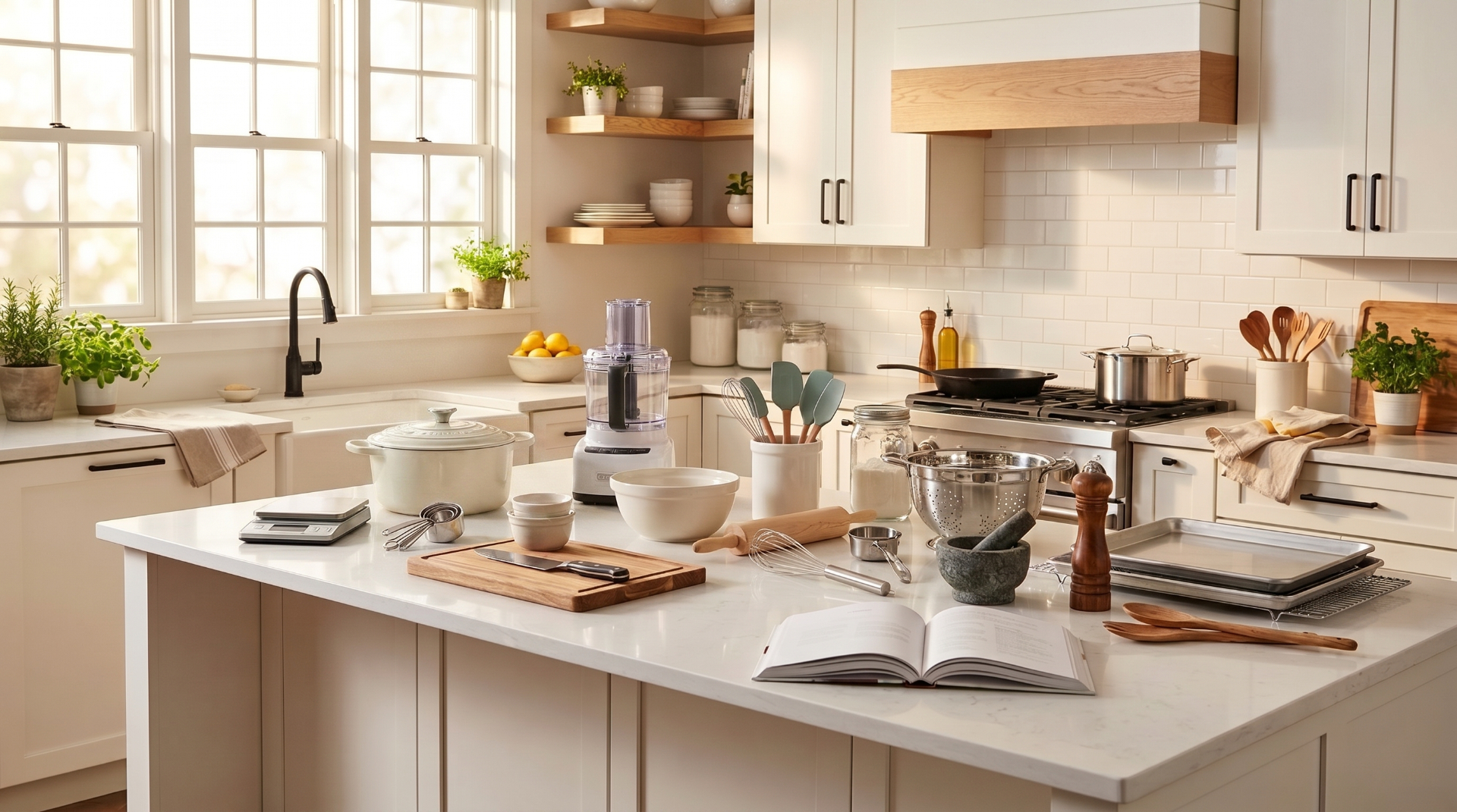 Bright modern kitchen with baking tools, cookware, and fresh ingredients.
