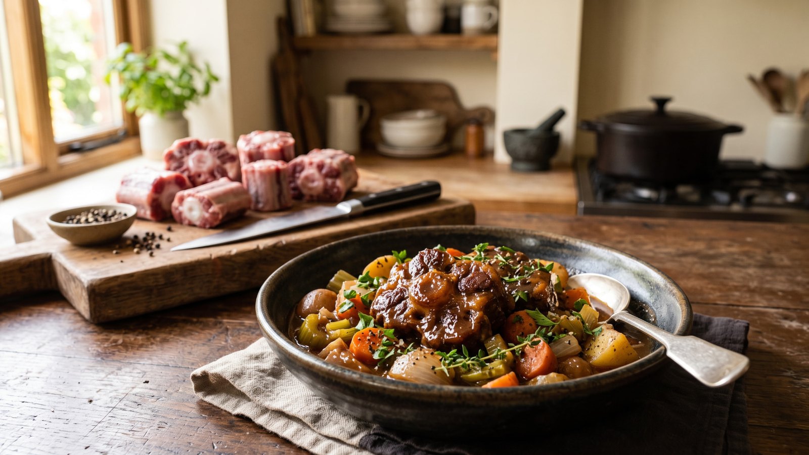 Braised oxtail stew with tender oxtail pieces, carrots, onions, and herbs in a savory sauce, with raw oxtail pieces in the background.