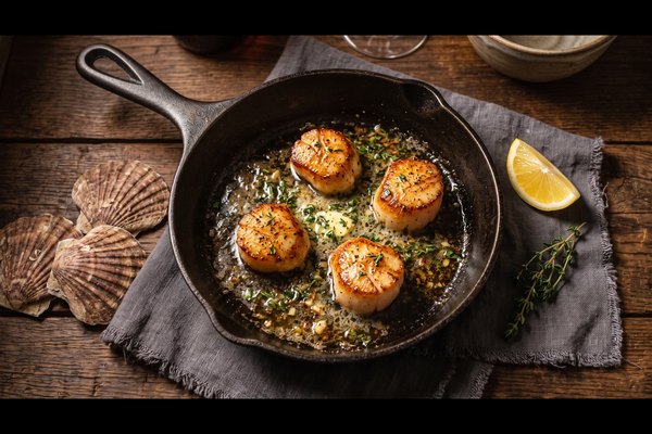 Seared sea scallops with golden crust in a cast-iron skillet, garnished with lemon and thyme