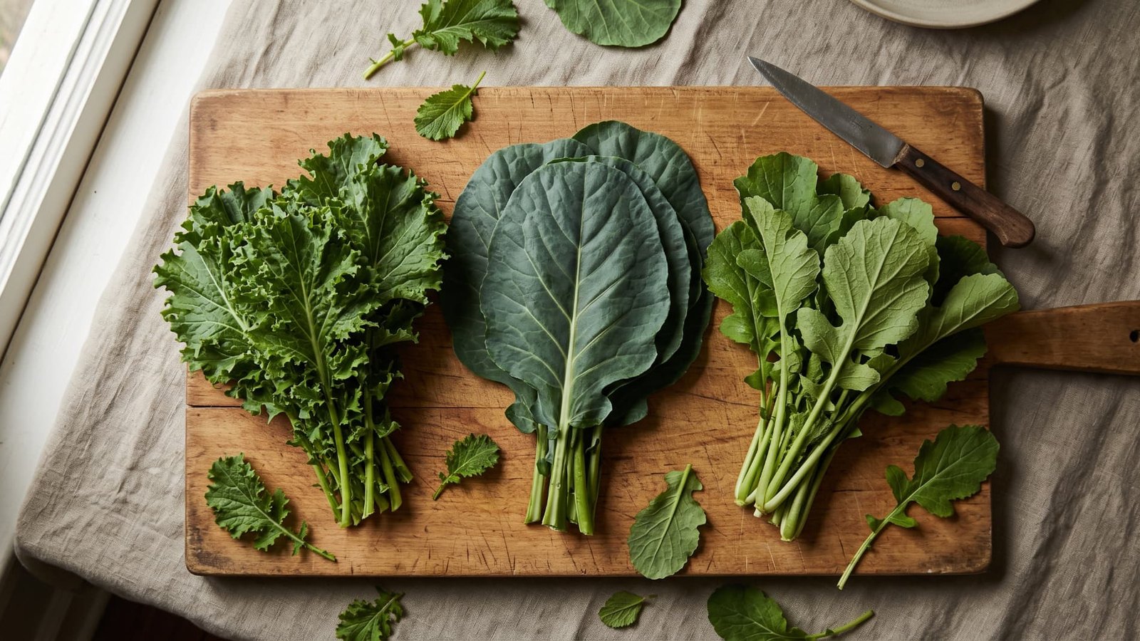 Overhead view of mustard, collard, and turnip greens bunches side by side on a wood cutting board, showing their different leaf shapes