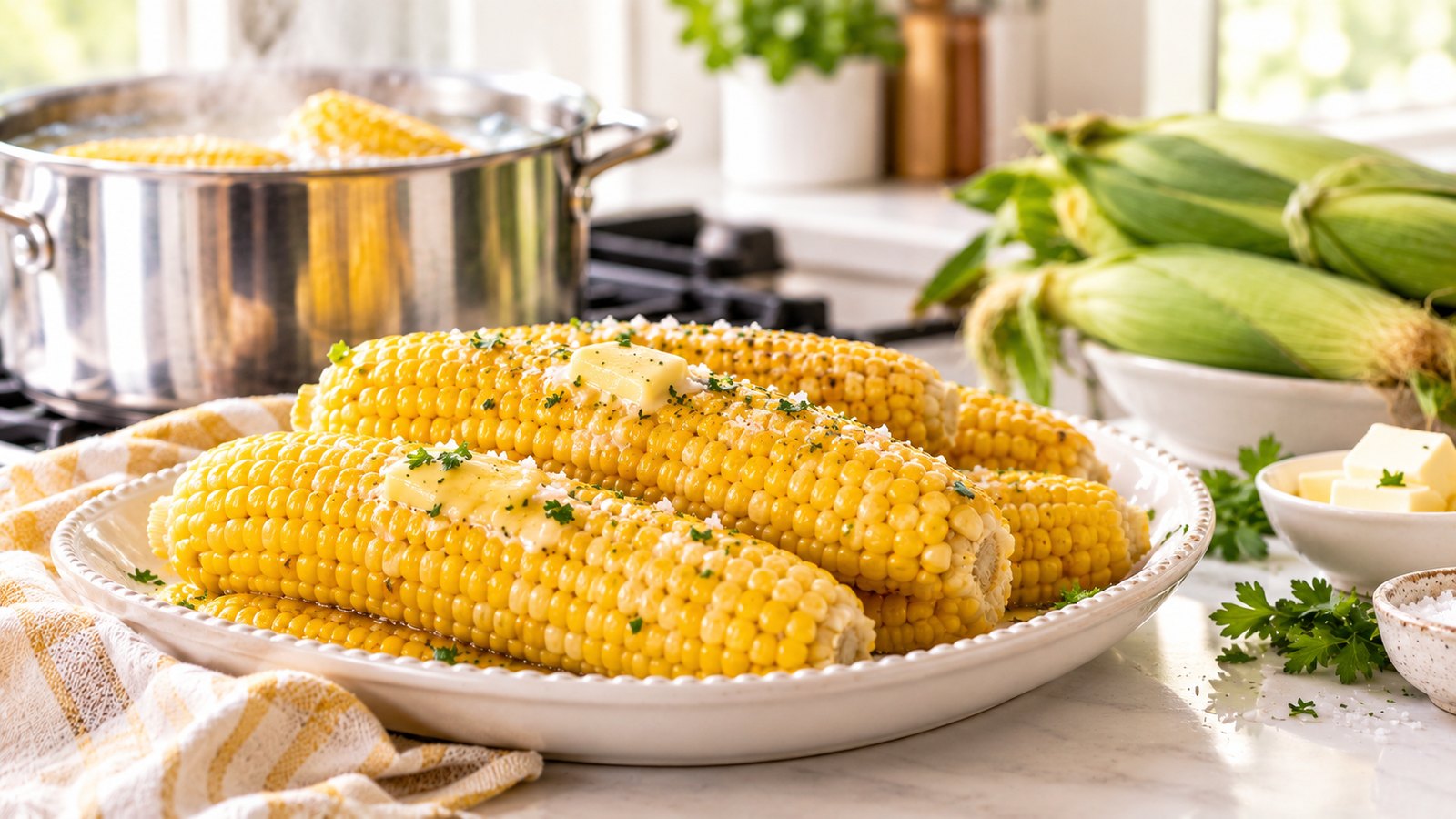 Buttered corn on the cob arranged on a platter, with a pot of boiling corn and fresh corn in husks blurred in the background.