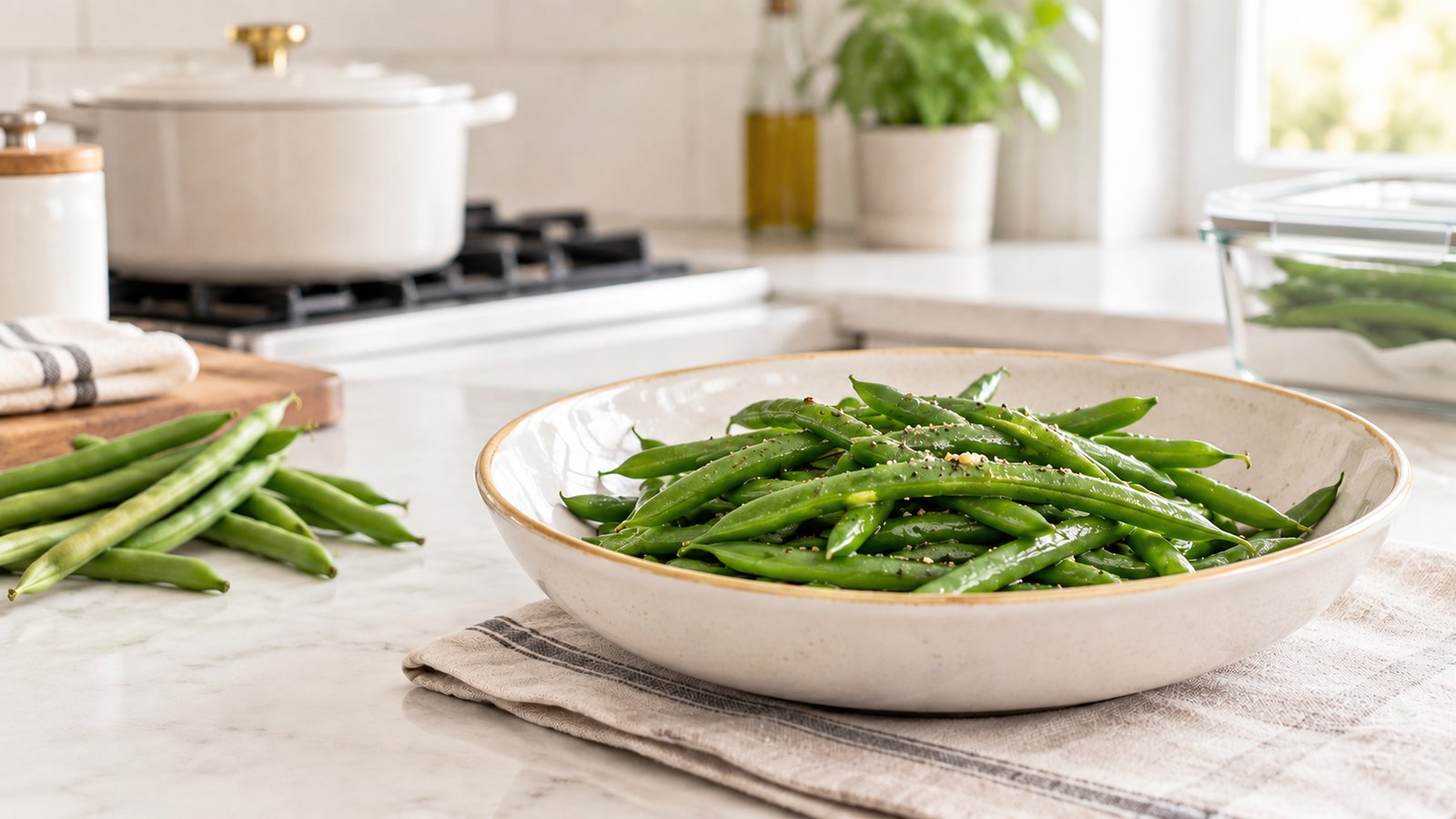 Fresh buttered green beans in a cream serving bowl with raw green beans and a storage container in a bright kitchen.