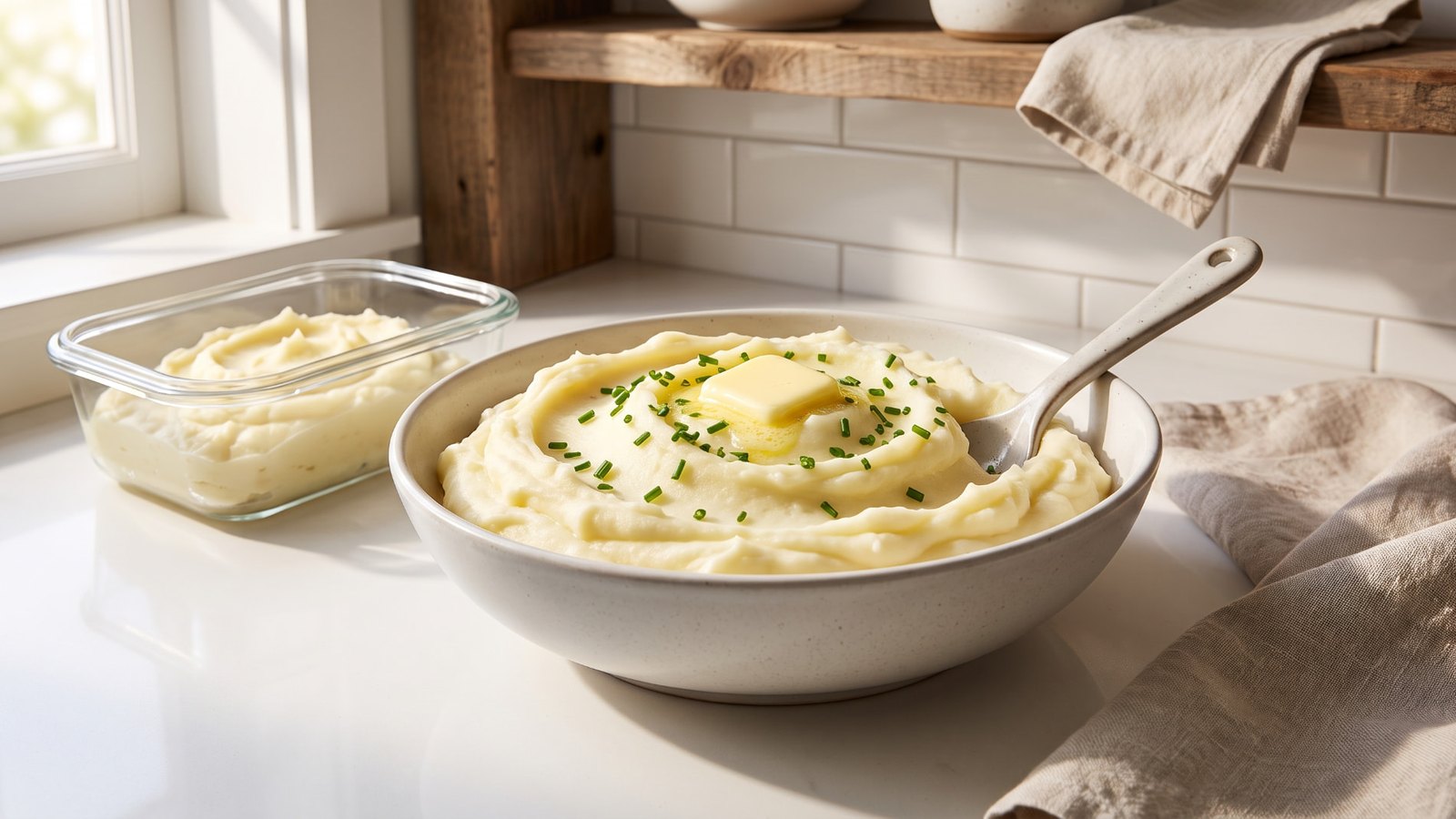 Creamy homemade mashed potatoes with melted butter and chives, alongside a storage container, illustrating tips for storing, freezing, and reheating mashed potatoes.