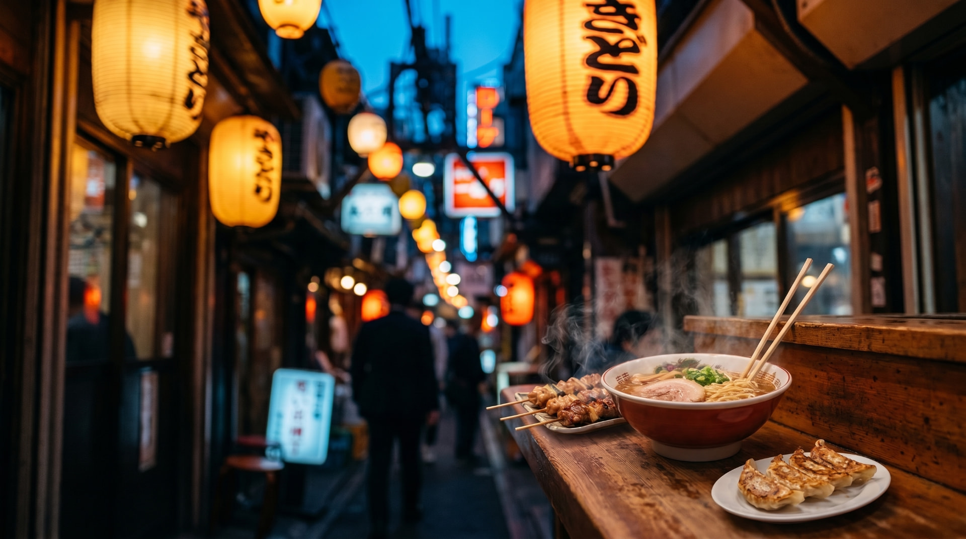 Steaming bowl of ramen, gyoza, and yakitori on a wooden counter in a lantern-lit Tokyo alley.