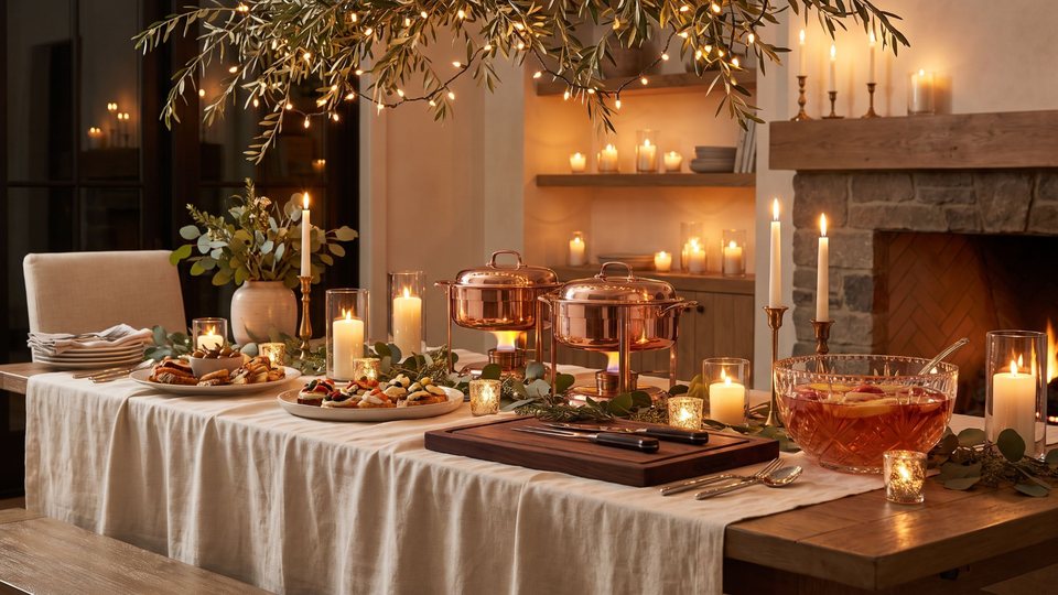 Holiday hosting essentials with chafing dishes, serving platters, carving set, and punch bowl