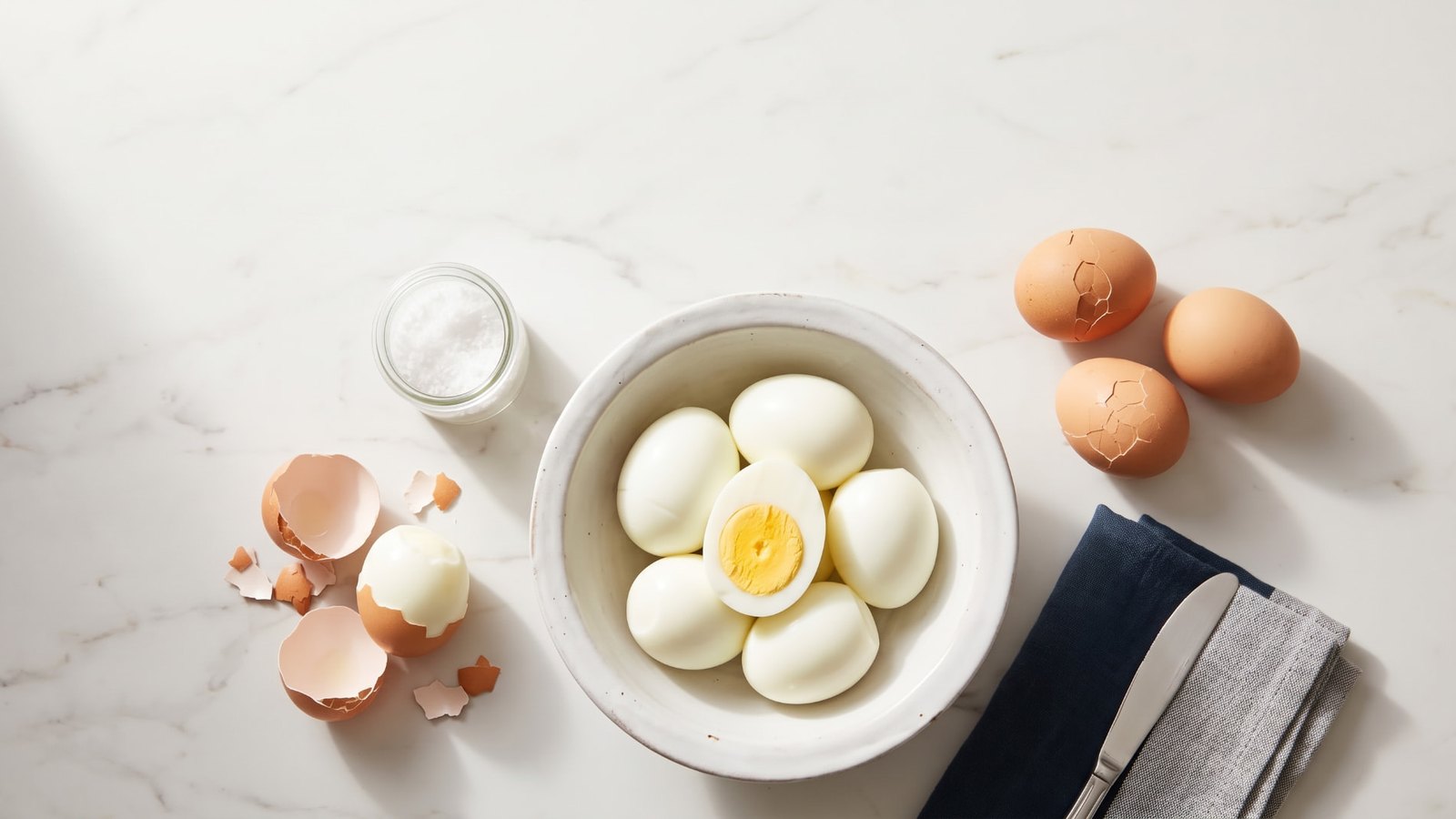 A bowl of peeled hard boiled eggs next to shells being peeled away, illustrating hard boiled egg storage and peeling