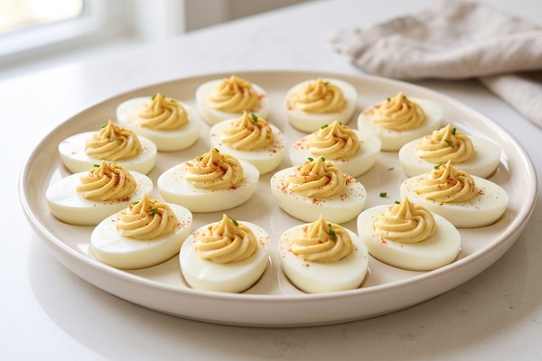 Beautiful platter of homemade deviled eggs arranged neatly for serving.