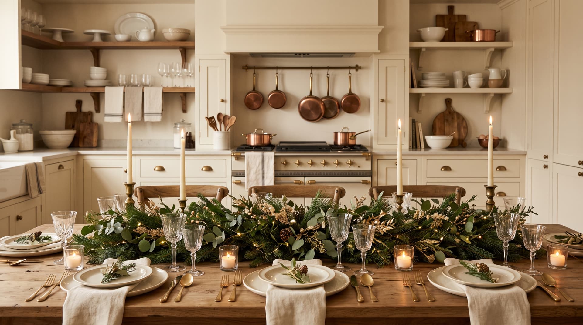 A farmhouse kitchen set for the holidays with a long wooden dining table, evergreen centerpiece, and glowing candles.
