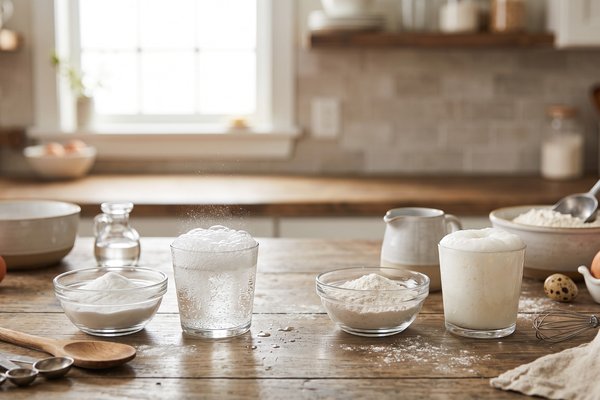 Baking soda and baking powder with simple fizzing tests arranged on a farmhouse kitchen counter.