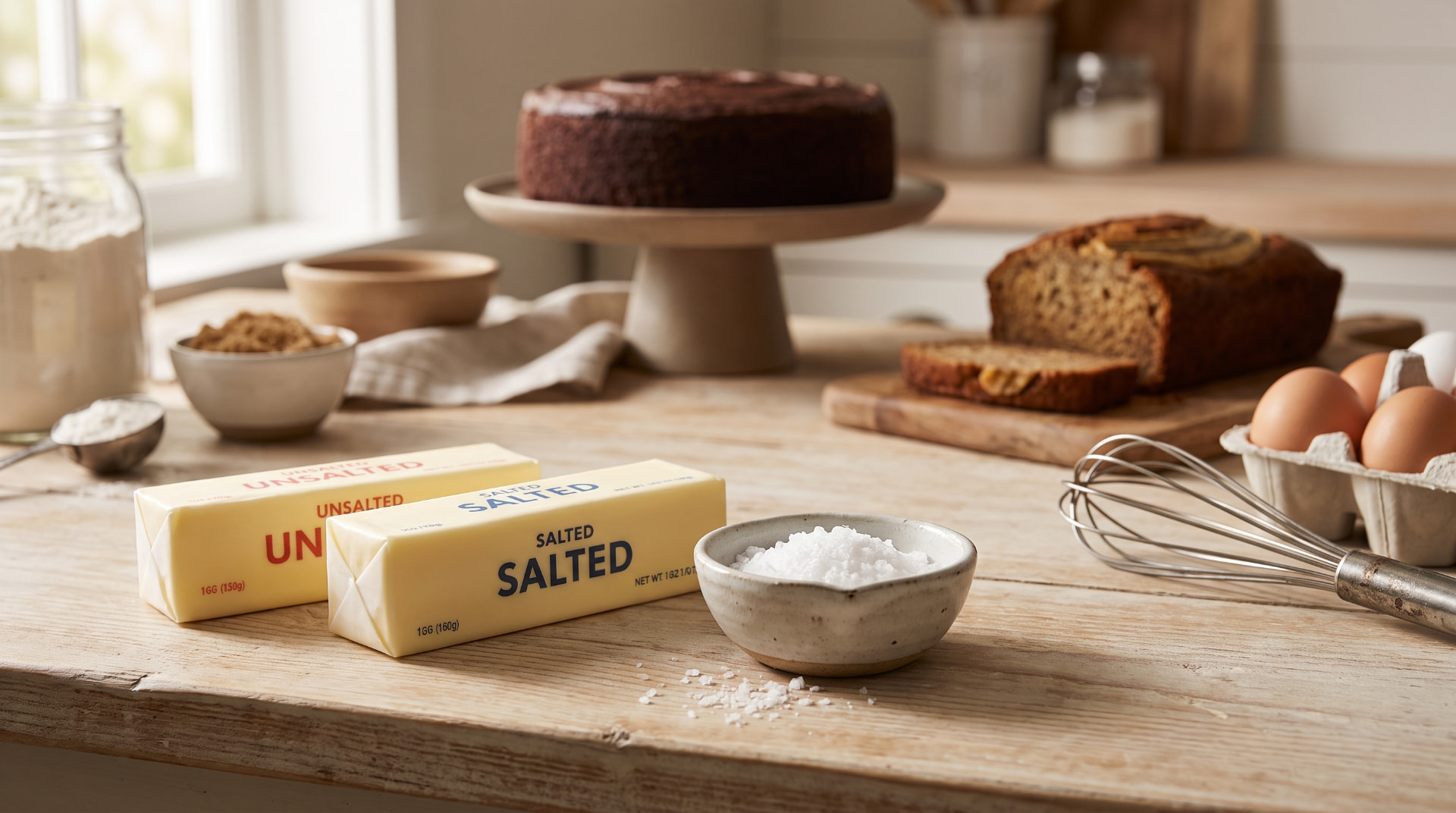 Sticks of salted and unsalted butter on a wood cutting board with flour, eggs, and a rolling pin.