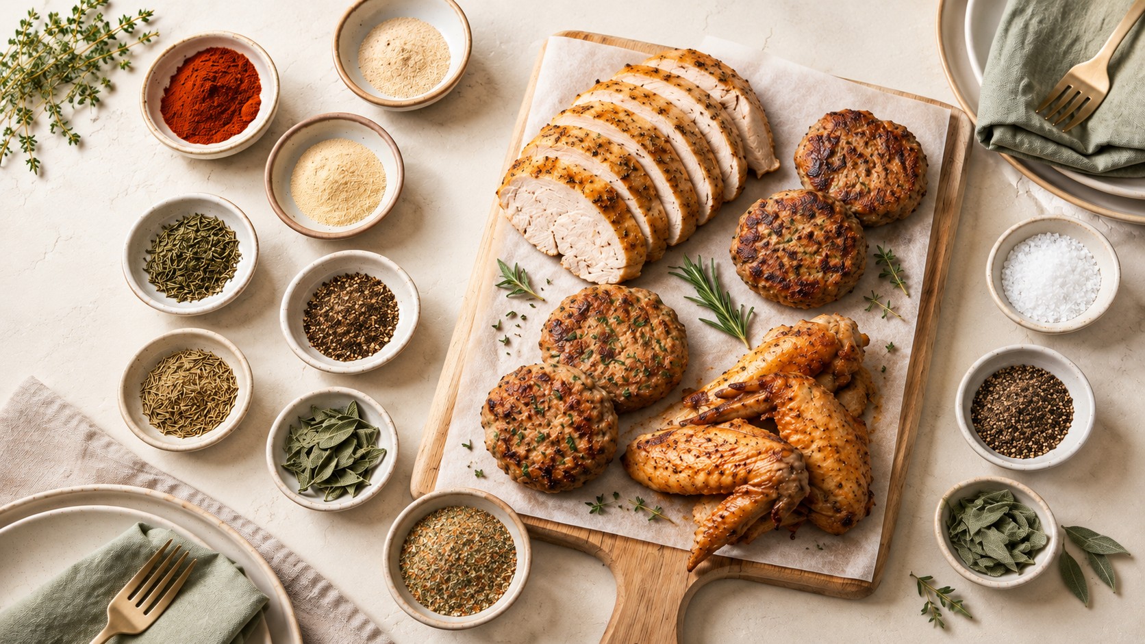 Raw turkey breast, ground turkey patty, and turkey wing arranged flat lay style with sage, rosemary, smoked paprika, and cracked pepper for a turkey seasoning guide