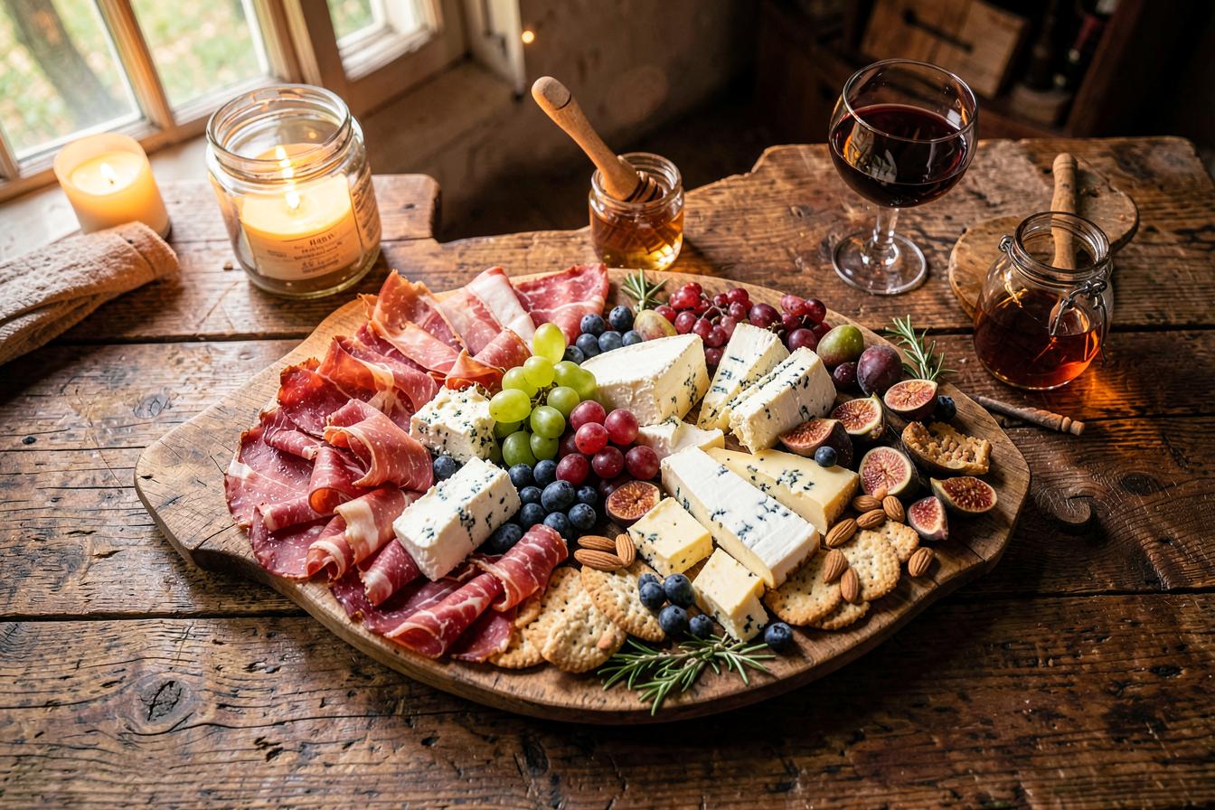A charcuterie board with cured meats, cheeses, grapes, figs, crackers, and honey on a rustic wooden table