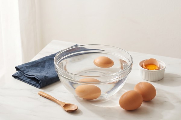 A fresh egg sinking to the bottom of a glass bowl of water next to an older egg floating near the surface, demonstrating the egg freshness float test
