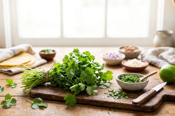 Fresh cilantro bunch with chopped cilantro and lime on a wooden kitchen counter.