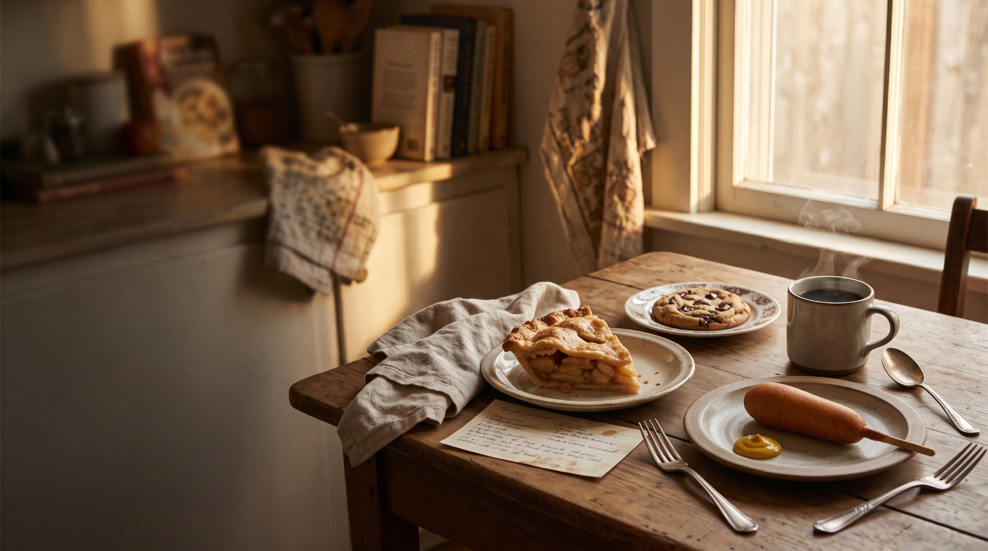 A sunlit kitchen table with a slice of apple pie, a chocolate chip cookie, a corn dog with mustard, and a steaming cup of coffee