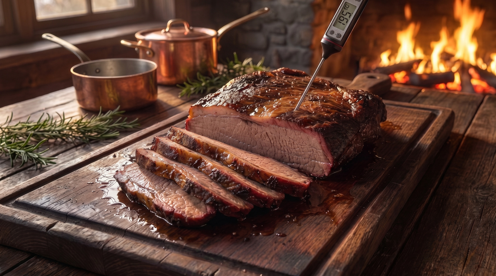 Sliced brisket on a wooden board with a digital meat thermometer reading 195°F, copper pots and a stone fireplace in the background.