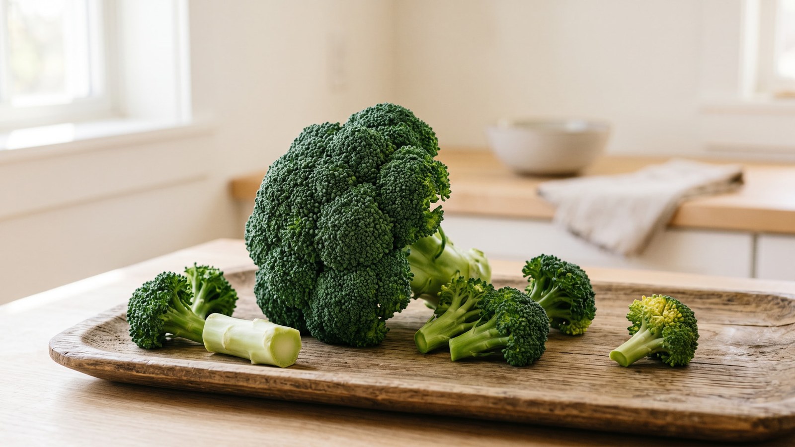 Fresh broccoli head with cut florets and a peeled stalk piece on a wooden platter