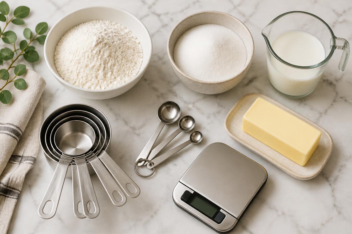 Measuring cups, spoons, a digital kitchen scale, flour, sugar, butter and milk on a marble counter.