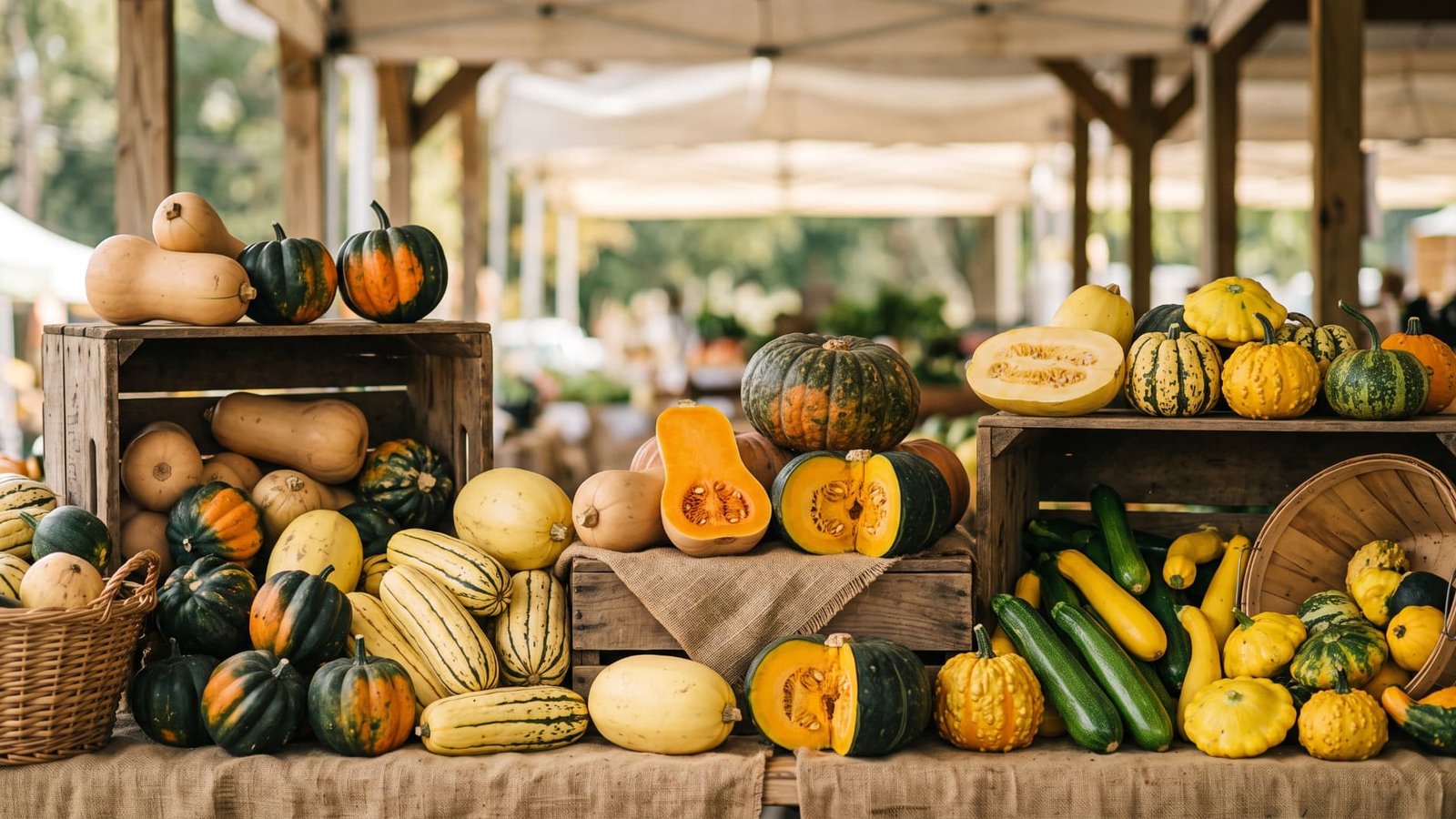 Assortment of squash varieties displayed in wooden crates at a farmers market, including butternut, acorn, delicata, spaghetti, kabocha, zucchini, and yellow squash.