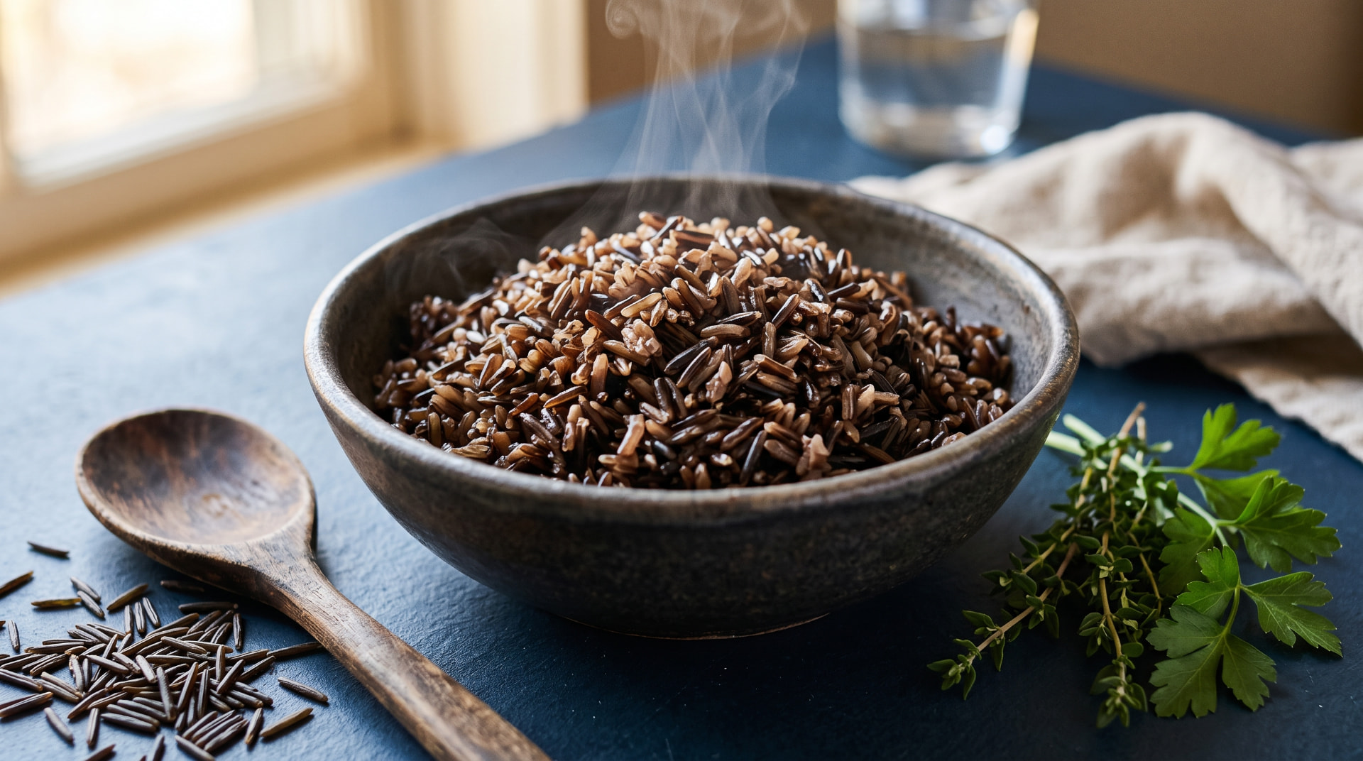 A rustic bowl of steaming cooked wild rice on a blue surface with a wooden spoon and fresh herbs nearby