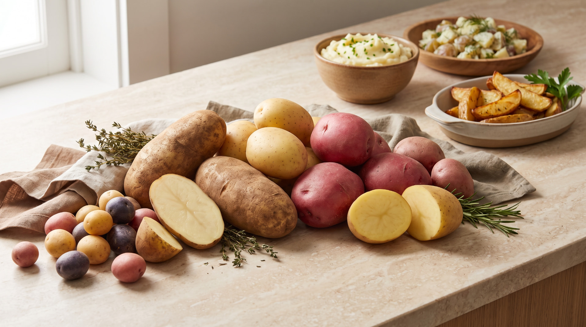 Assorted russet, Yukon Gold, red, and baby potatoes arranged on a neutral kitchen counter with mashed potatoes, roasted potato wedges, and potato salad in the background.