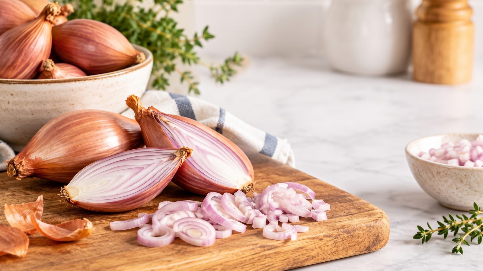a bowl of Shallots, with some shallots on a cutting board sliced