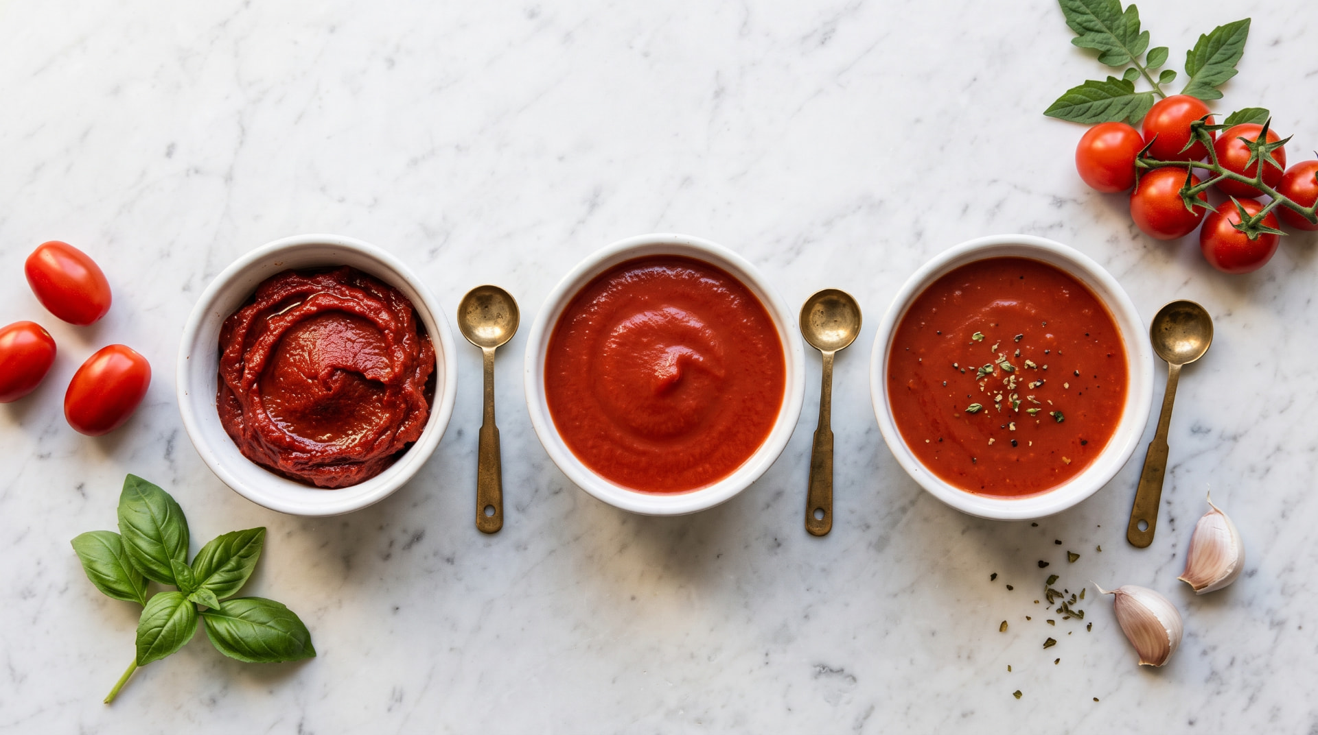 Three white bowls of tomato paste, tomato sauce, and tomato puree arranged on a marble surface with fresh tomatoes, basil, garlic, and spoons