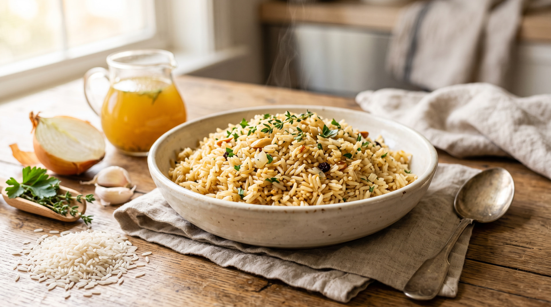 A bowl of fluffy rice pilaf garnished with herbs, almonds, and raisins on a wooden table with broth, onion, and uncooked rice nearby