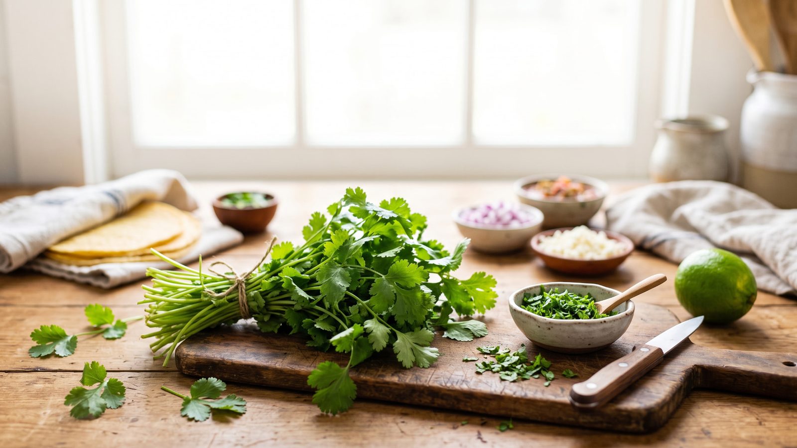 Fresh cilantro bunch with chopped cilantro and lime on a wooden kitchen counter.