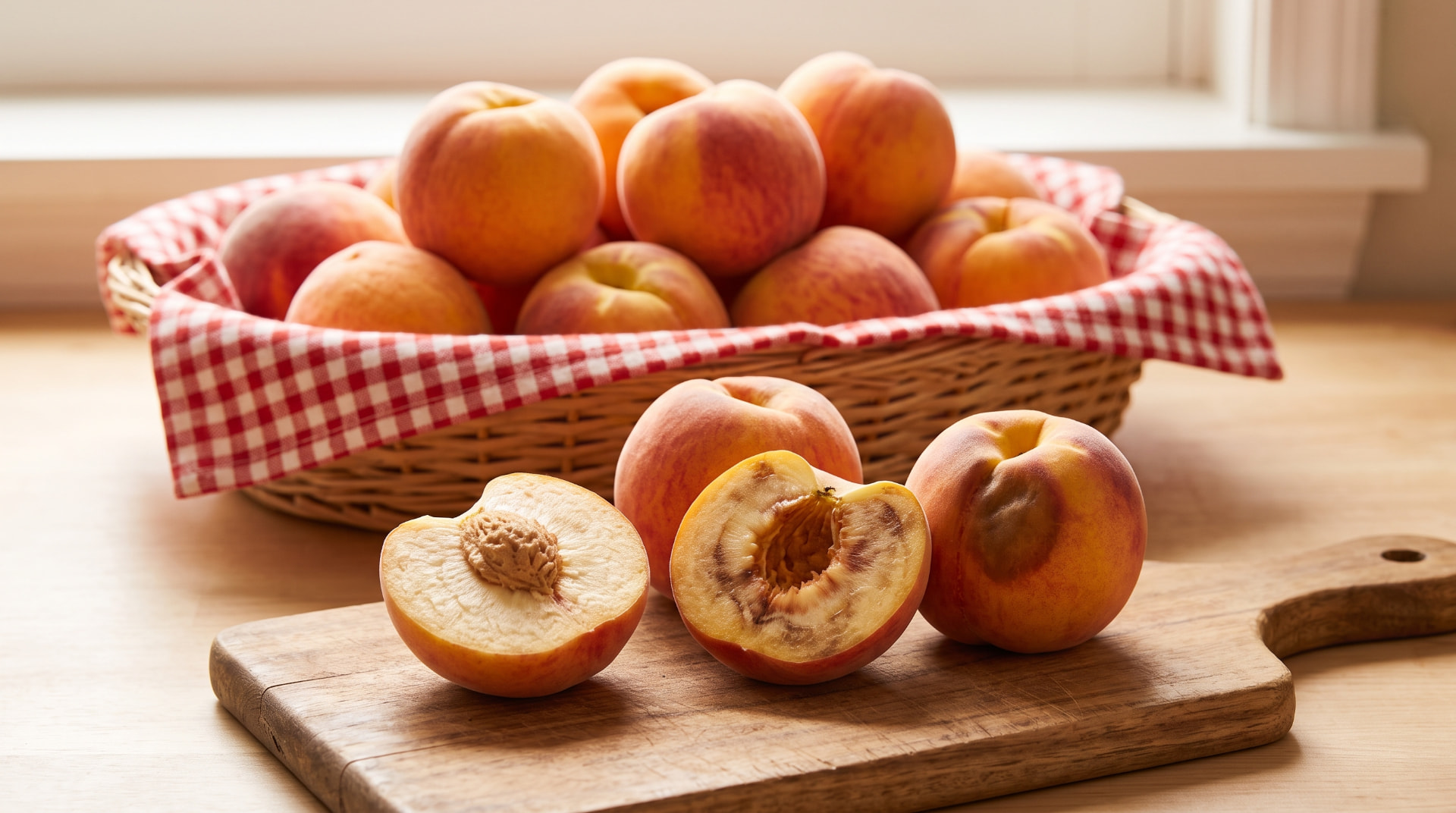 A basket of fresh peaches beside a wooden cutting board showing a ripe peach half, a mealy peach half, and a bruised peach