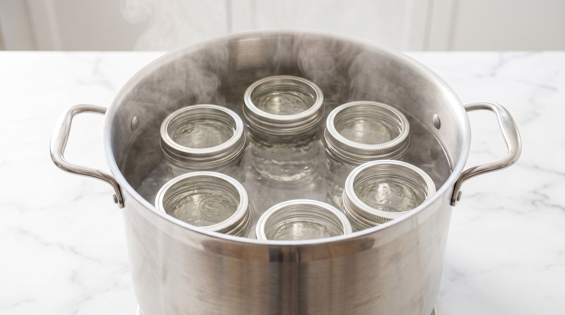 Glass canning jars boiling in a stainless steel water bath canner on a marble counter