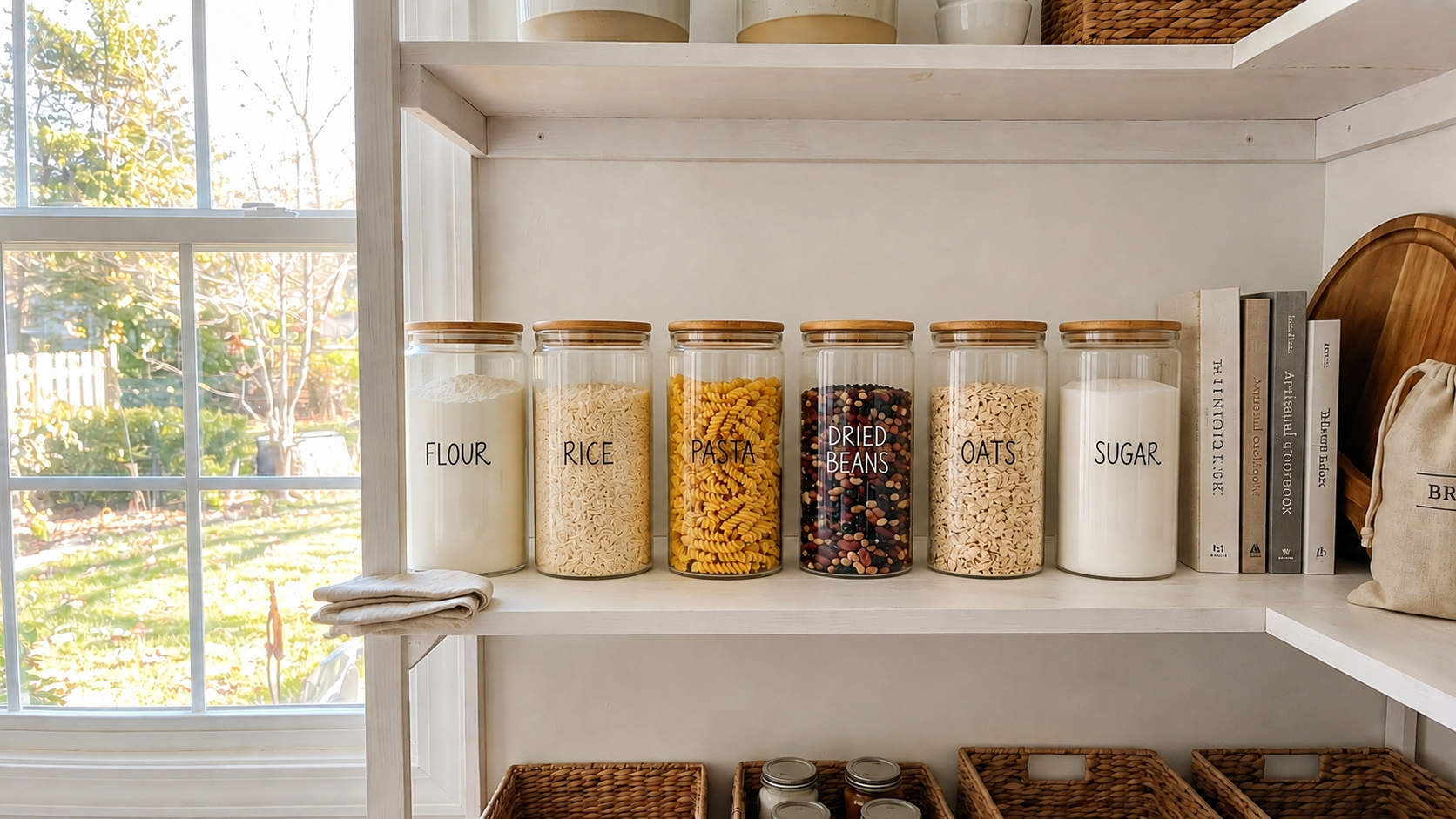 Organized pantry shelf with labeled airtight glass jars of flour, rice, pasta, dried beans, oats, and sugar