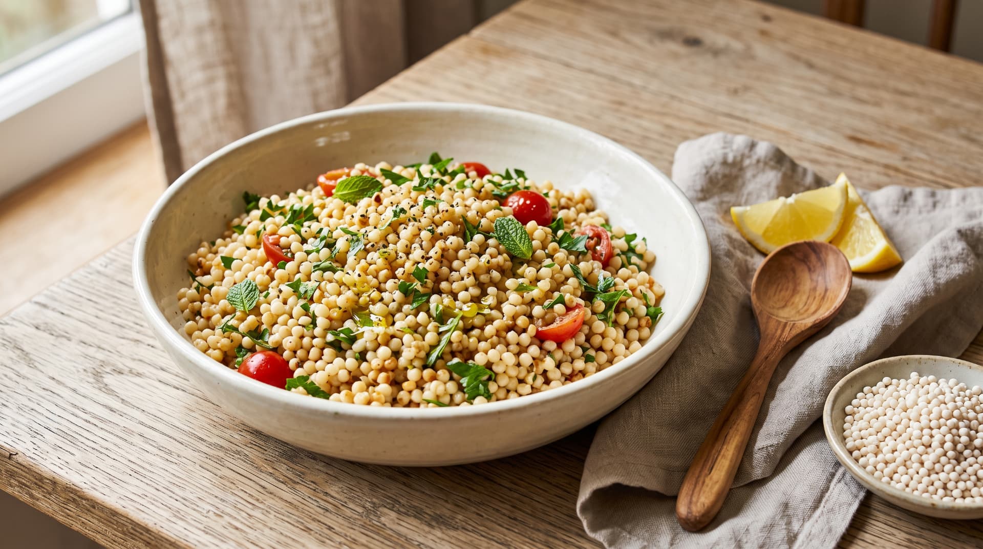 A bowl of cooked pearl couscous with tomatoes and fresh herbs on a wooden table, with lemon wedges and dry pearl couscous nearby