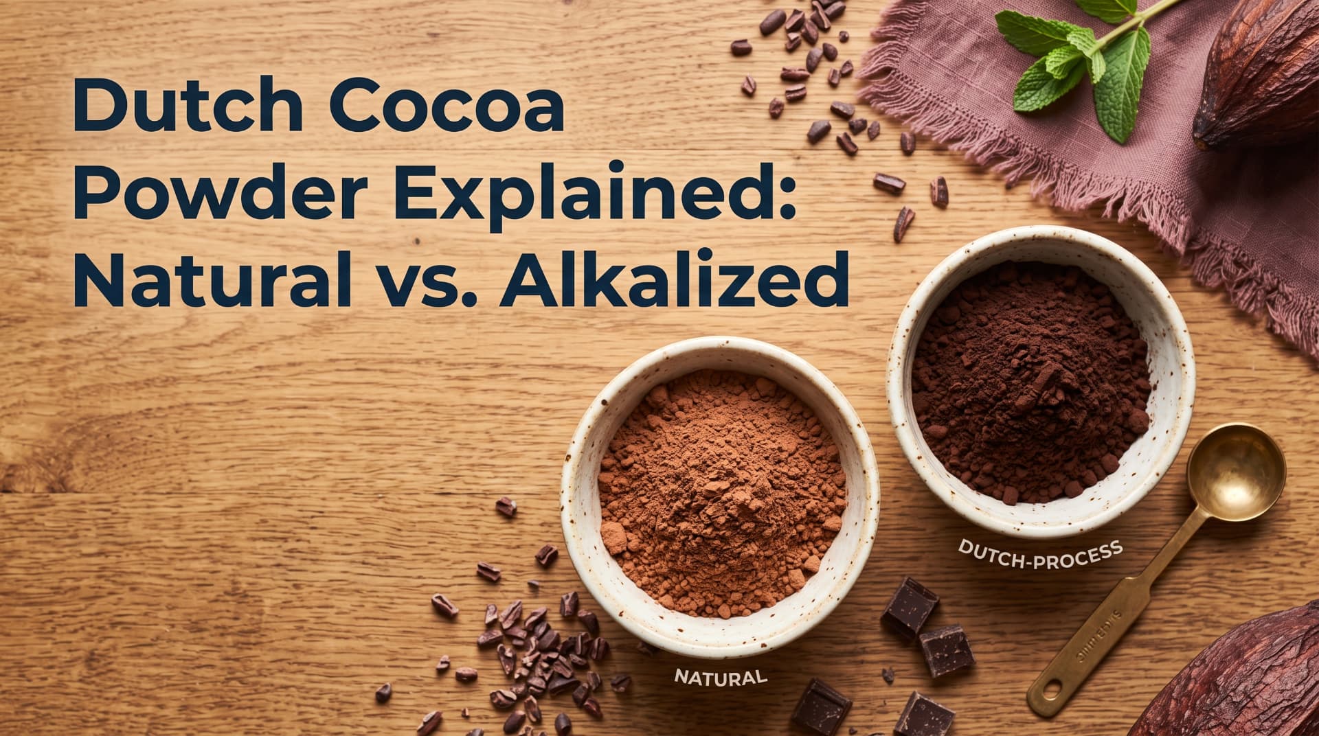 Two small bowls of cocoa powder side by side, showing the lighter color of natural cocoa and the darker color of Dutch-process cocoa