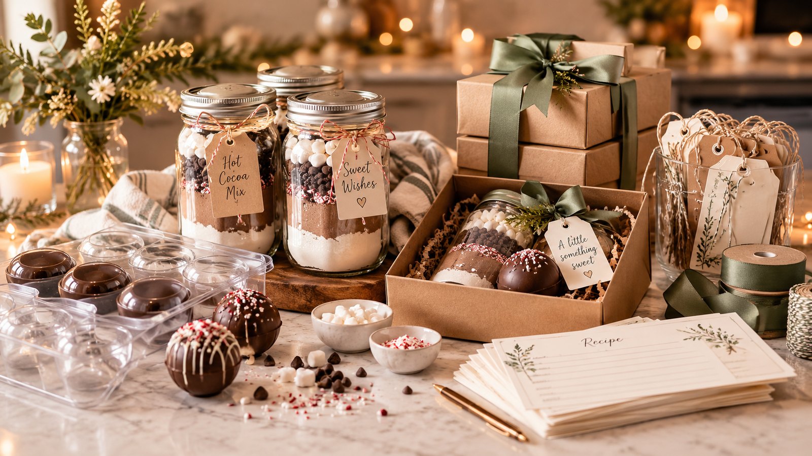 Holiday gift making essentials: mason jars of hot cocoa mix, kraft gift boxes with ribbon, cocoa bombs, and recipe cards