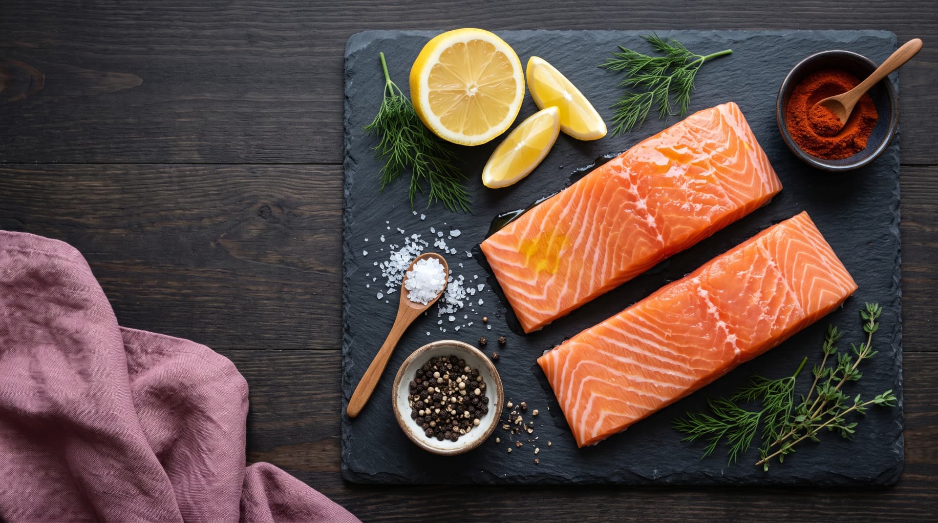 Raw salmon fillets on a slate board with lemon, dill, thyme, salt, and peppercorns