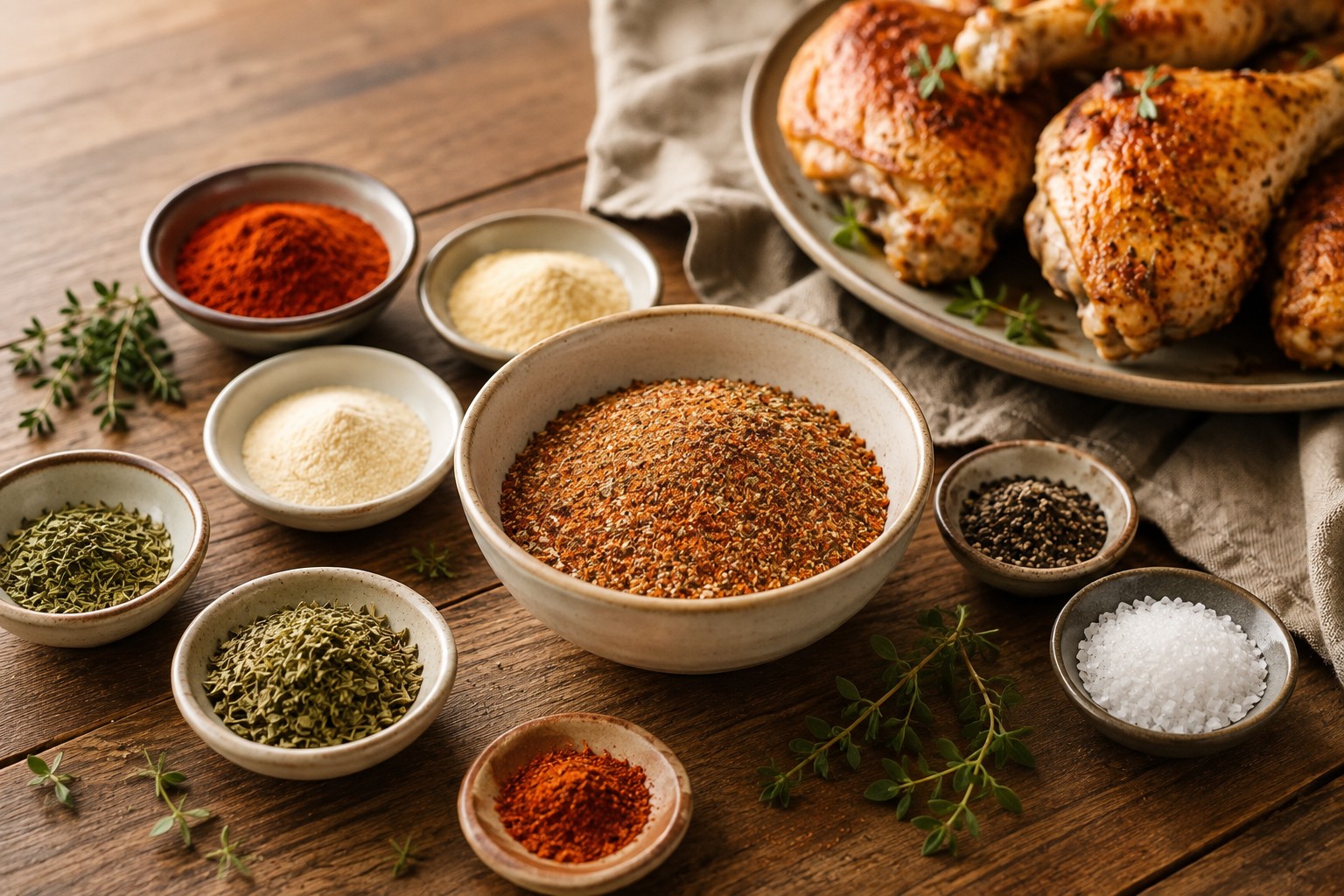 Roasted chicken with bowls of spices, herbs, and seasonings on a wooden surface
