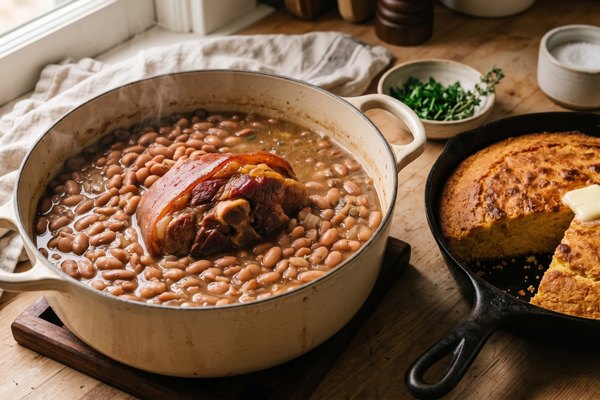 Pinto beans simmering with a ham hock in a pot, served with golden cornbread baked in a skillet