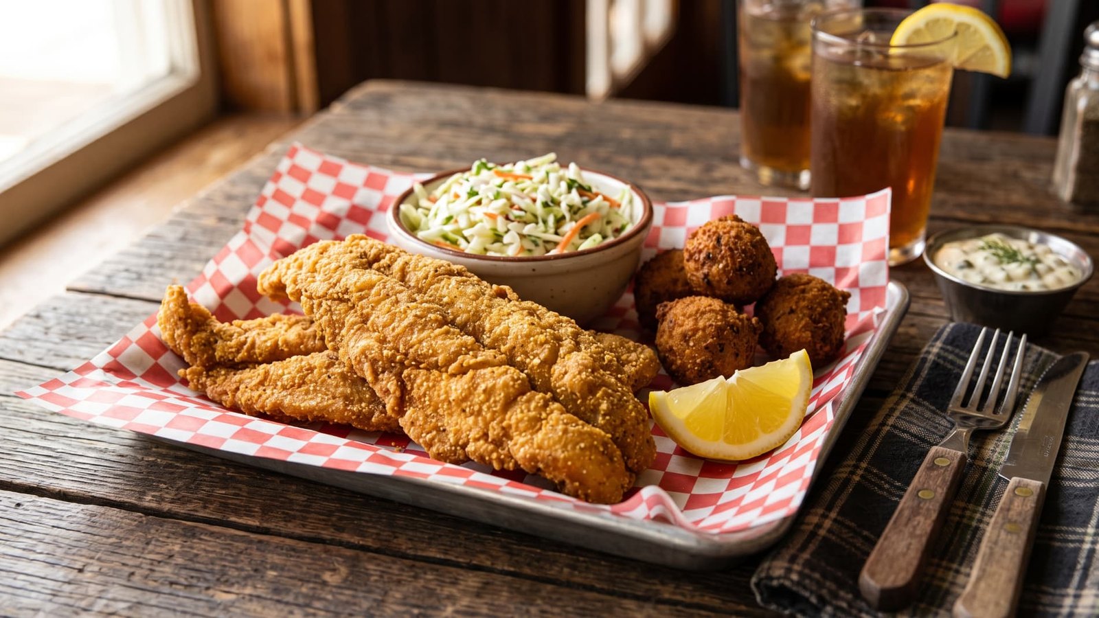 Golden fried fish fillets with a crispy cornmeal crust served with coleslaw, hush puppies, and lemon wedges for a classic fish fry spread