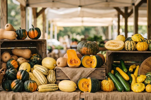 Assortment of squash varieties displayed in wooden crates at a farmers market, including butternut, acorn, delicata, spaghetti, kabocha, zucchini, and yellow squash.