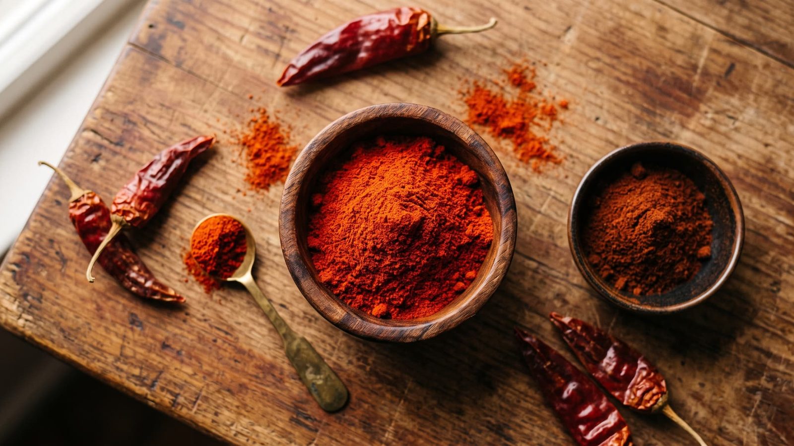 Small wooden bowl of vibrant red ground paprika with whole dried red pepper pods and a brass spice spoon on a rustic wood table