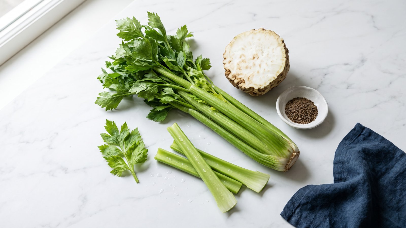 Fresh celery bunch with leaves, a halved celeriac, and a small bowl of celery seeds on a white marble surface.