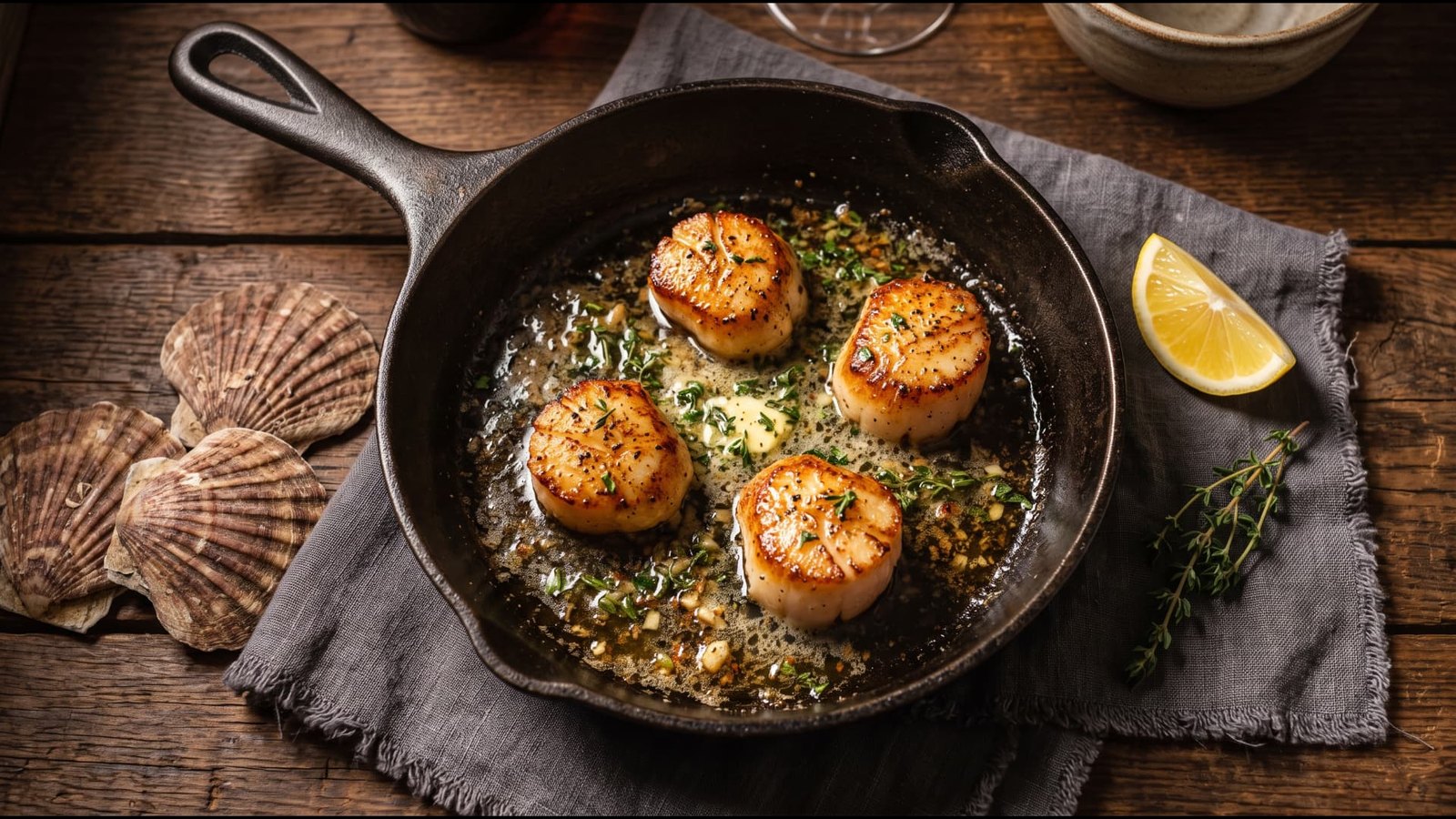 Seared sea scallops with golden crust in a cast-iron skillet, garnished with lemon and thyme